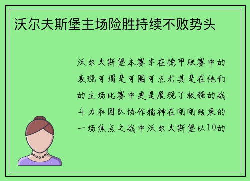 沃尔夫斯堡主场险胜持续不败势头